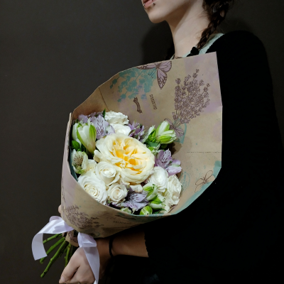 bouquet 1289: роза Candlelight, альстромерии, кустовые розы