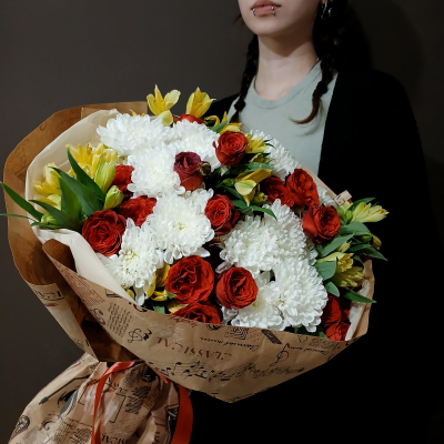 bouquet 1291: хризантемы кустовые, альстромерии, розы кустовые